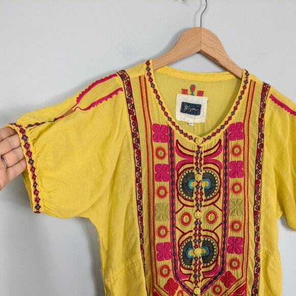 Biya Johnny Was Top S Yellow Tunic Shirt Short Sleeve Embroidered Boho Festival - Picture 1 of 12